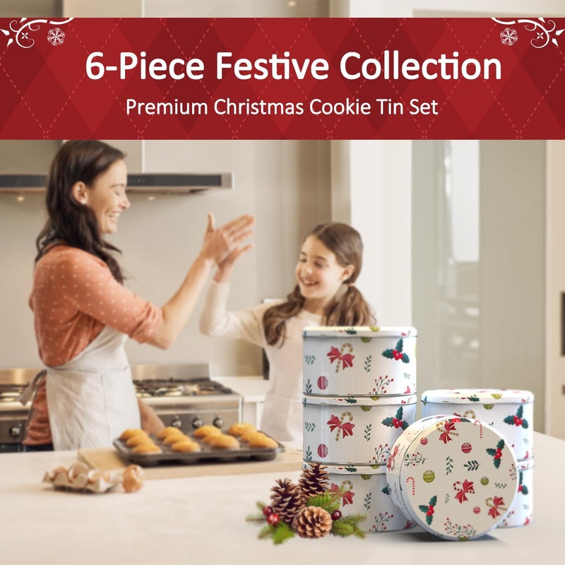TangFee Chiristmas ornament Style Cookie Tin, 6Packs Metal Round Cookies Containers, Tin with Lid for Xmas, Multicolor 16.5 * 16.5 * 8.5Cm - Image 2